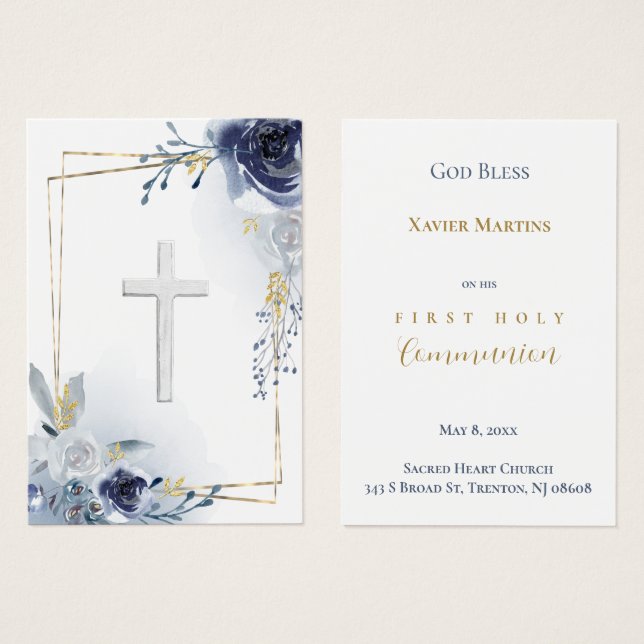 First Communion blue roses remembrance card (Front & Back)