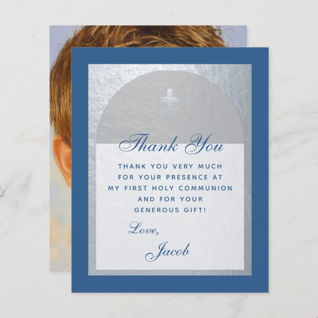 First Communion Blue Silver Budget Thank You Card (Front/Back)