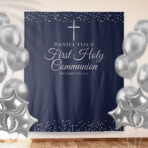 First Communion Blue Silver Photo Backdrop Tapestry