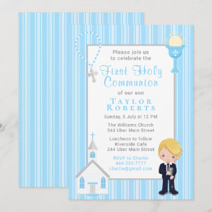 First Communion Blue Stripes Blonde Hair Boy Invit Invitation