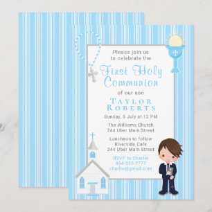 First Communion Blue Stripes Brown Hair Boy Invita Invitation
