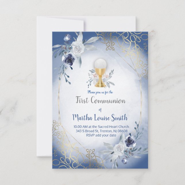first communion blue watercolor flowers invitation (Front)