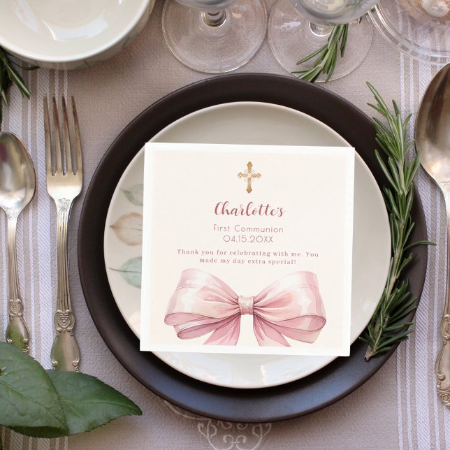 First Communion blush pink bow cream cross Napkin (Creator Uploaded)