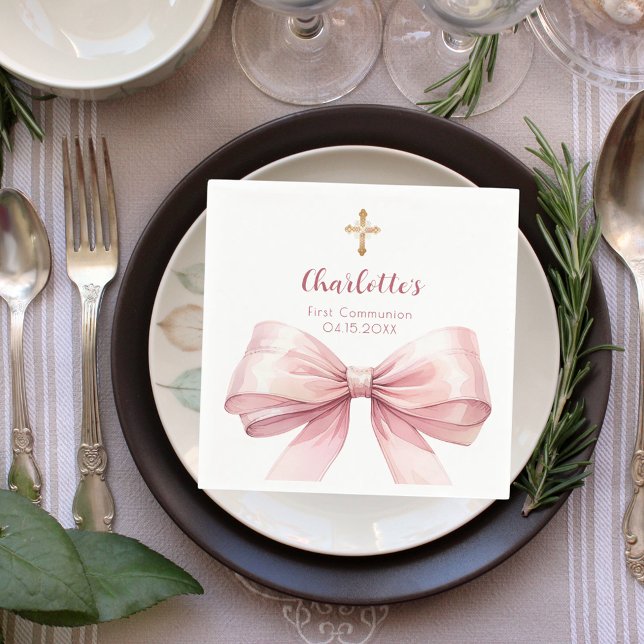 First Communion blush pink bow cross girl Napkin (Creator Uploaded)