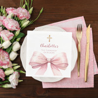 First Communion blush pink bow cross luncheon
