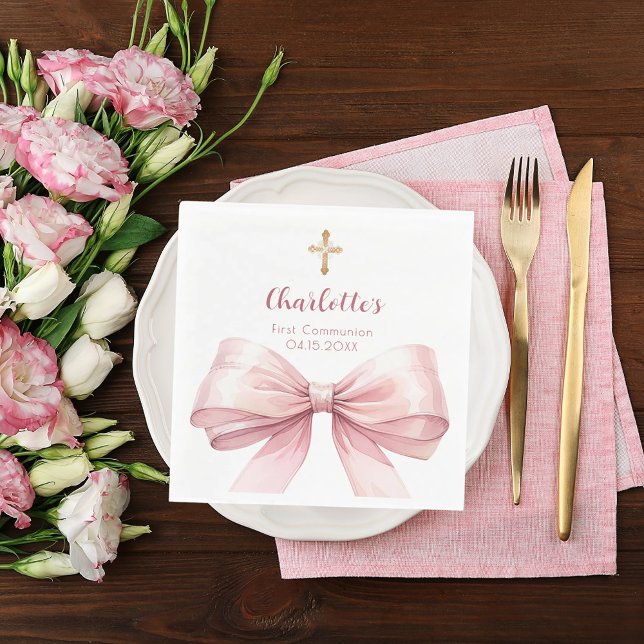 First Communion blush pink bow cross luncheon Napkin (Creator Uploaded)