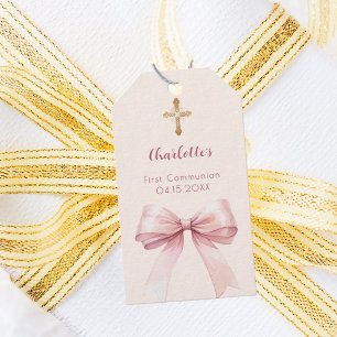 First Communion blush pink bow ivory cross DIY Gift Tags