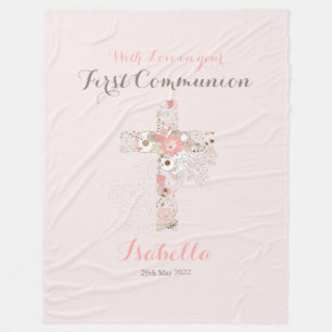 First communion blush pink floral cross name fleece blanket