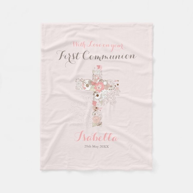 First communion blush pink floral cross name fleece blanket (Front)