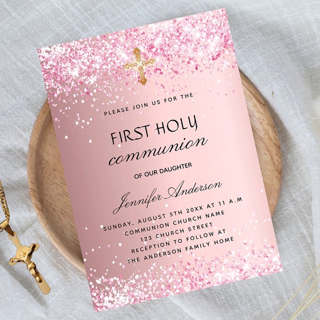 First communion blush pink glitter girl invitation (Creator Uploaded)
