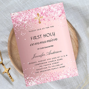 First communion blush pink glitter girl invitation postcard