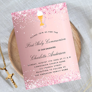 First communion blush pink glitter luxury invitation