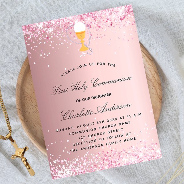 First communion blush pink glitter luxury invitation (Creator Uploaded)