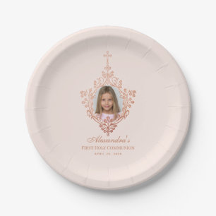 First Communion Blush Pink Rose Gold Girl Photo Paper Plate