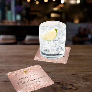 First Communion blush rose gold glitter name Square Paper Coaster