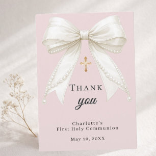 First Communion bow dusty blush pink ivory pearls Thank You Card
