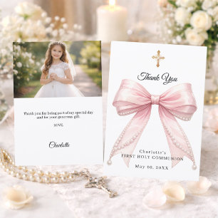 First Communion bow pink pearls photo girl Thank You Card
