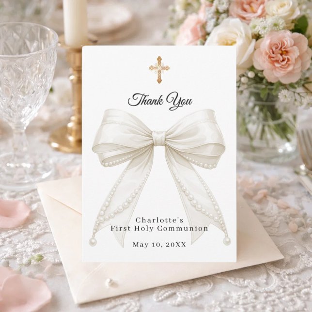 First Communion bow white ivory pearls girl Thank You Card (Creator Uploaded)