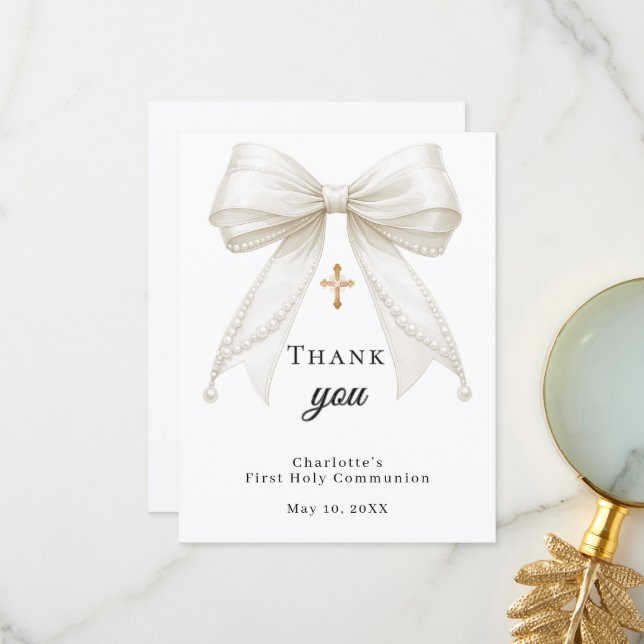 First Communion bow white ivory pearls Thank You Card (Front/Back In Situ)