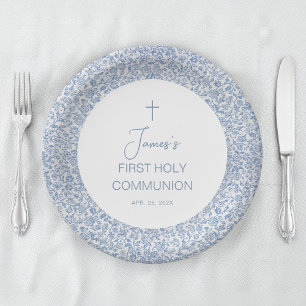 First Communion Boy Blue and White Floral Pattern Paper Plate
