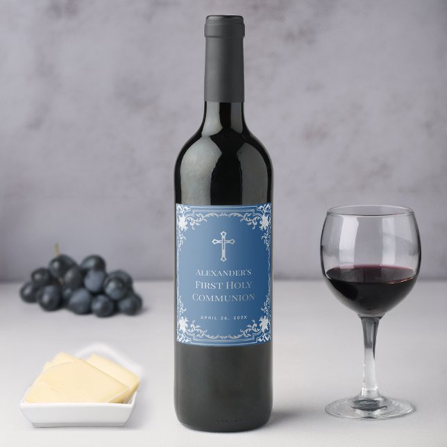 First Communion Boy Blue Faux Silver Cross Elegant Wine Label (Creator Uploaded)
