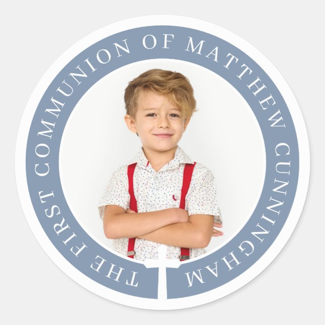 First Communion Boy Custom Photo & Simple Cross Classic Round Sticker (Front)