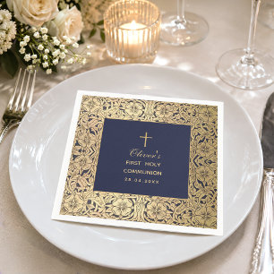First Communion Boy Navy Blue Vintage Gold Roses Napkin