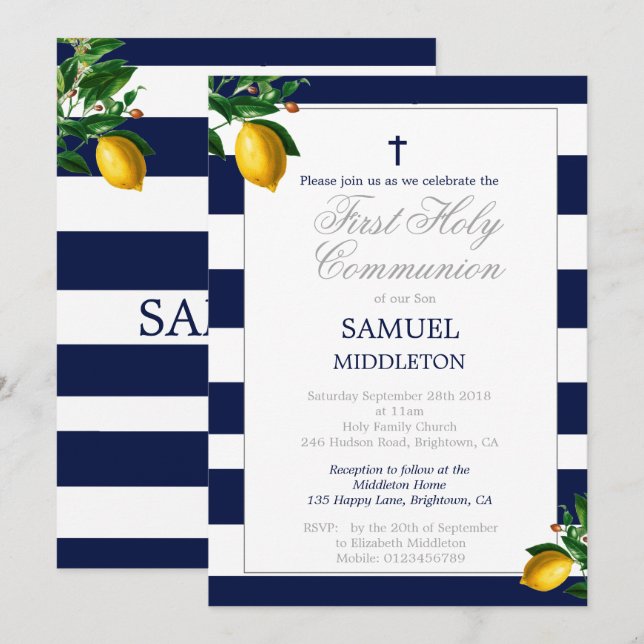 First Communion Boy Navy Lemons Silver Religious Invitation (Front/Back)