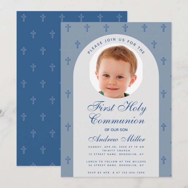 First Communion Boy Photo Dusty Blue Arch Modern Invitation (Front/Back)