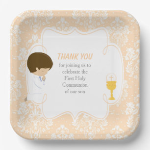 First Communion Brunette Boy Beige Damask Paper Plate