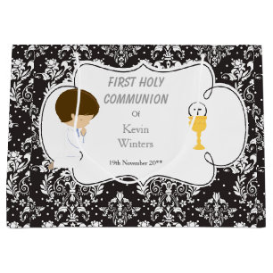 First Communion Brunette Boy Black Damask Large Gift Bag