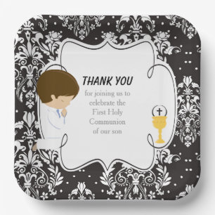 First Communion Brunette Boy Black Damask Paper Plate