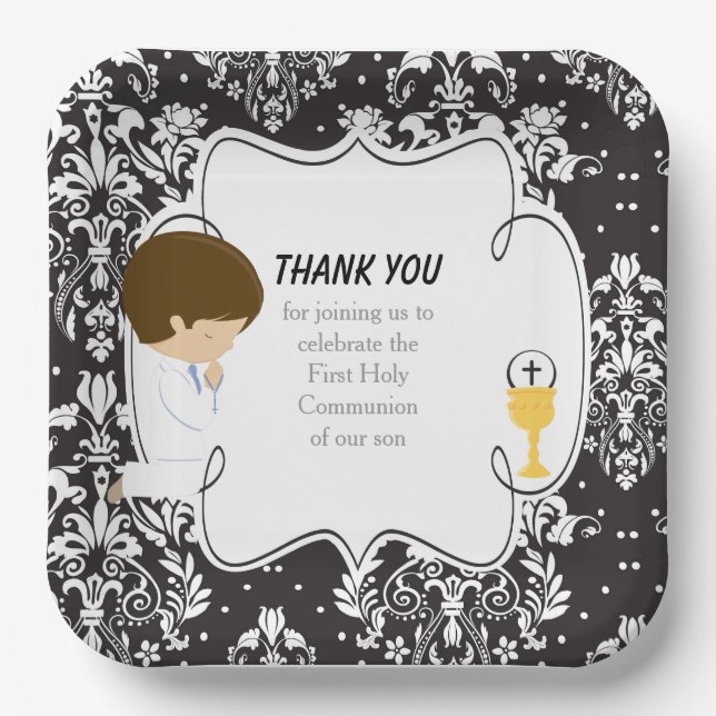 First Communion Brunette Boy Black Damask Paper Plate (Front)