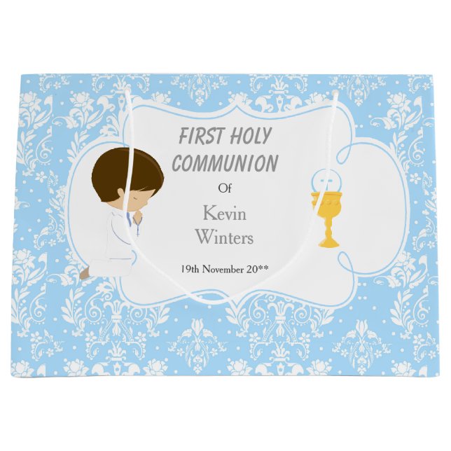 First Communion Brunette Boy Blue Damask Large Gift Bag (Front)