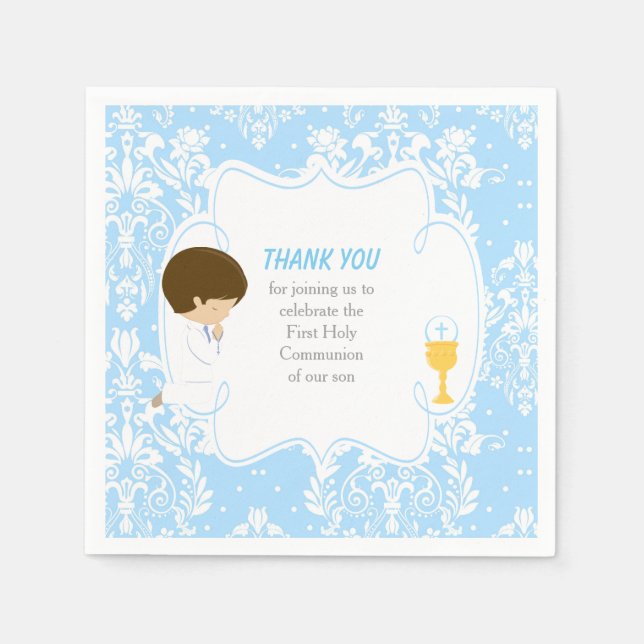 First Communion Brunette Boy Blue Damask Napkin (Front)