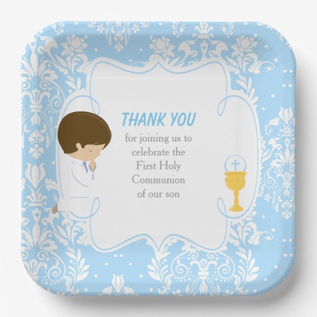 First Communion Brunette Boy Blue Damask Paper Plate (Front)