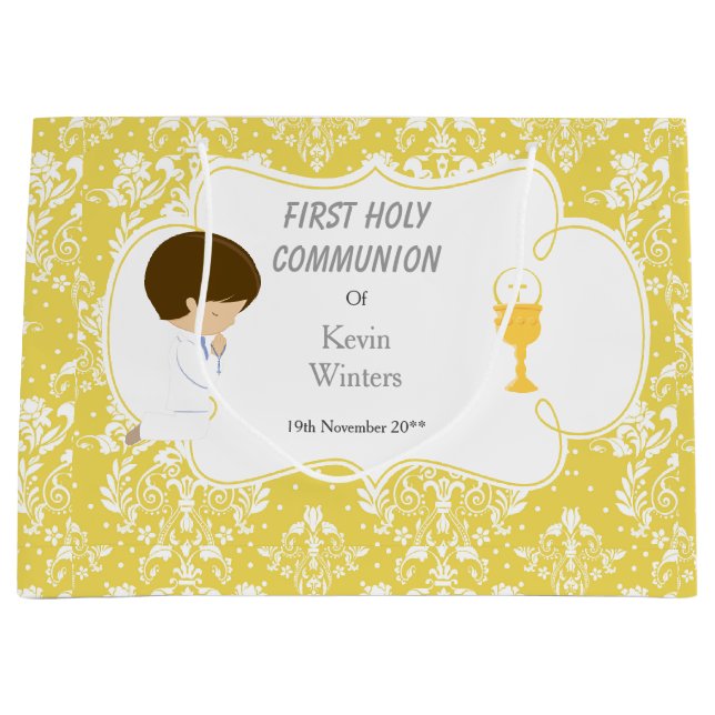 First Communion Brunette Boy Gold Damask Large Gift Bag (Front)