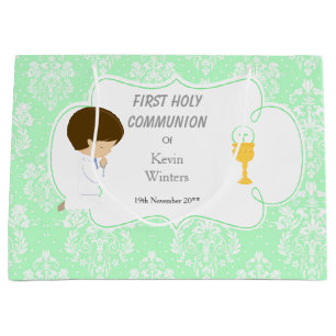 First Communion Brunette Boy Green Damask Large Gift Bag