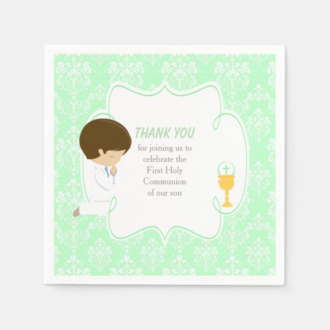 First Communion Brunette Boy Green Damask Napkin (Front)