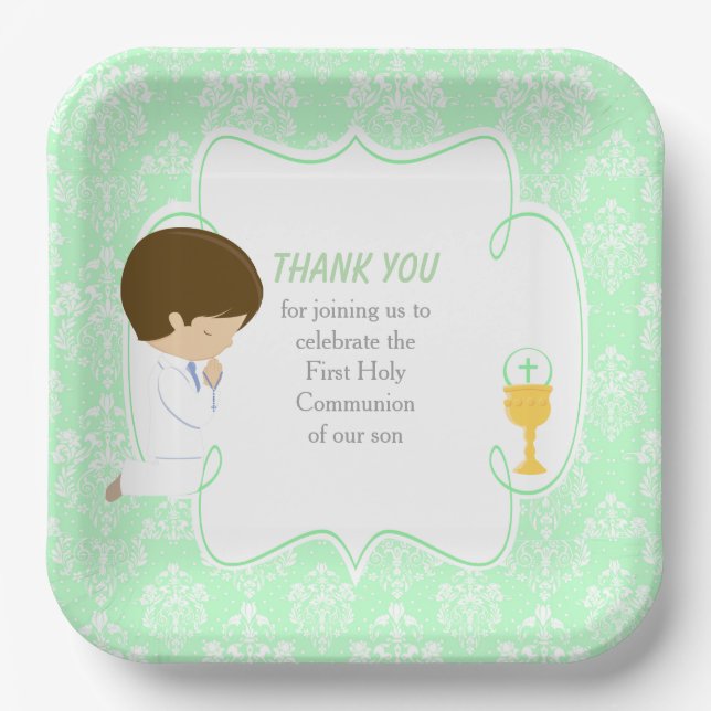 First Communion Brunette Boy Green Damask Paper Plate (Front)
