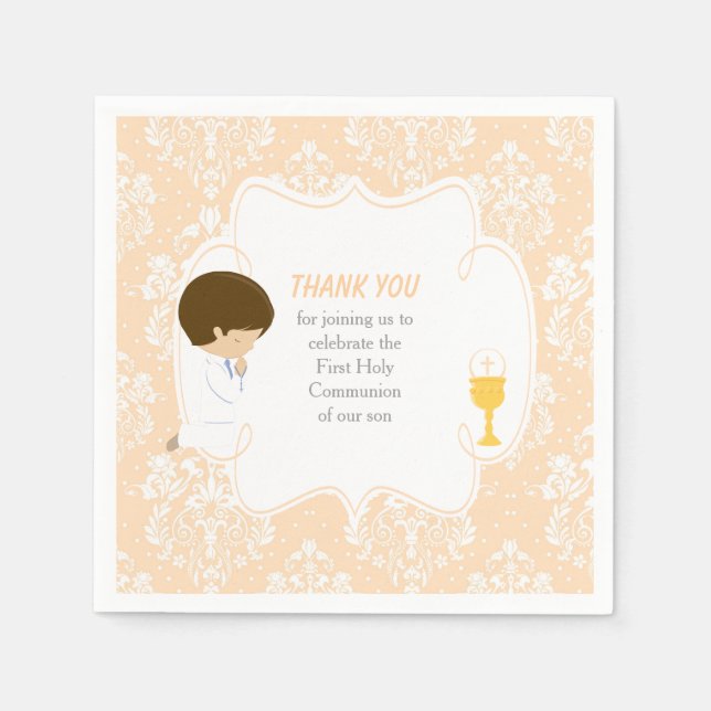 First Communion Brunette Boy Peach Damask Napkin (Front)