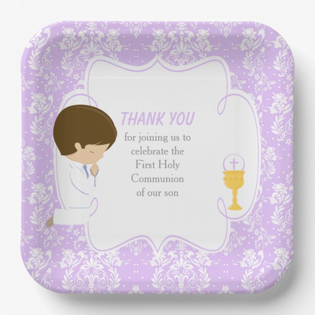 First Communion Brunette Boy Purple Damask Paper Plate (Front)