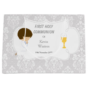 First Communion Brunette Boy Silver Damask Large Gift Bag
