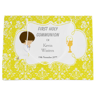 First Communion Brunette Boy Yellow Damask Large Gift Bag