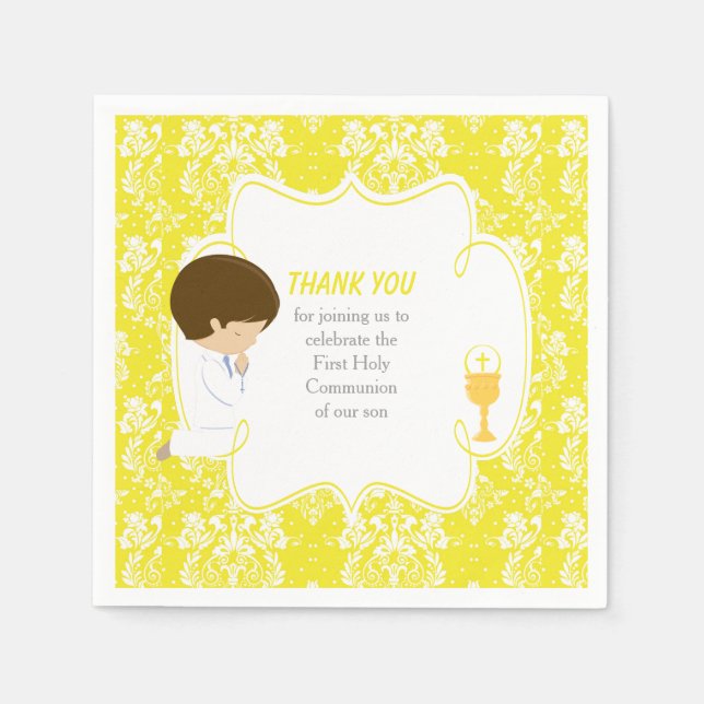 First Communion Brunette Boy Yellow Damask Napkin (Front)
