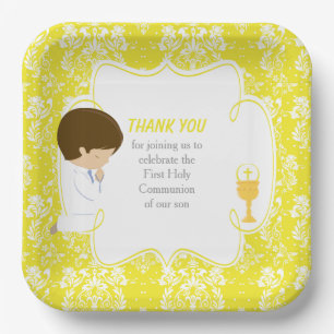 First Communion Brunette Boy Yellow Damask Paper Plate