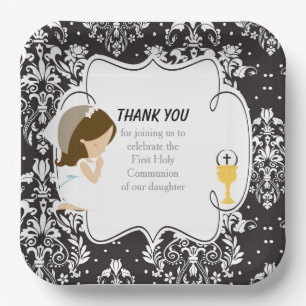 First Communion Brunette Girl Black Damask Paper Plate