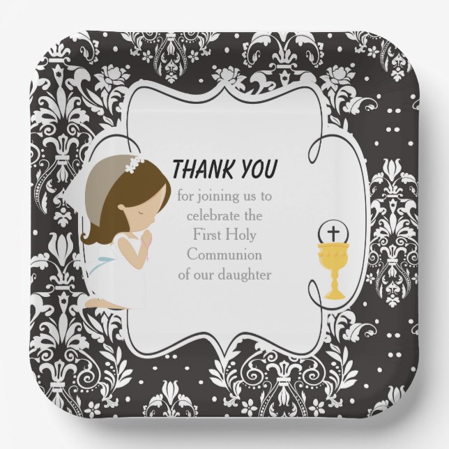 First Communion Brunette Girl Black Damask Paper Plate (Front)