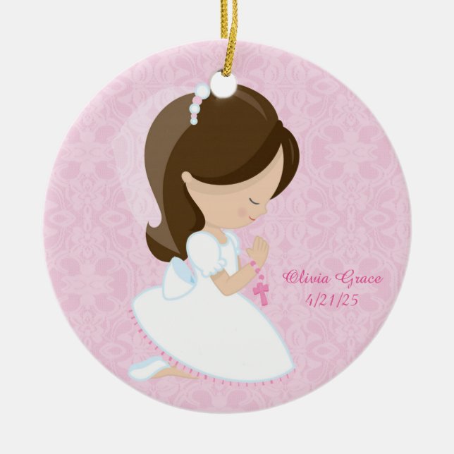 First Communion, Brunette Girl Ceramic Tree Decoration (Front)