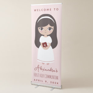 First Communion Brunette Girl Cute Pink Welcome Retractable Banner